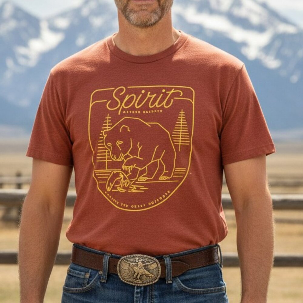 MEN'S OUTDOOR TEE SHIRT WITH A BEAR AND FISH GRAPHIC STORM RED WITH AZTEC GOLD